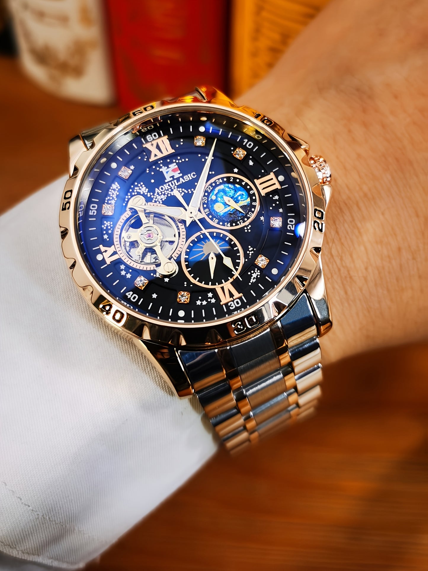 1pc AOKULASIC Men Fashion Tourbillon Skeleton Automatic Mechanical Watch Rose Golden Case Iced Out Starry Sky Luminous Dial Top Brand Strap Business Casual Mens Watches Christmas New Year Thanksgiving Day Festival Birthday Gi