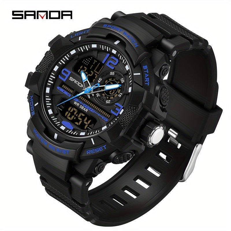 SANDA Men's Sports Watch - Multifunctional LED Digital Chronograph with Black Rubber Strap, Luminous Calendar, Stopwatch & Backlight, 5ATM Depth Resistance, Ideal for Outdoor Activities