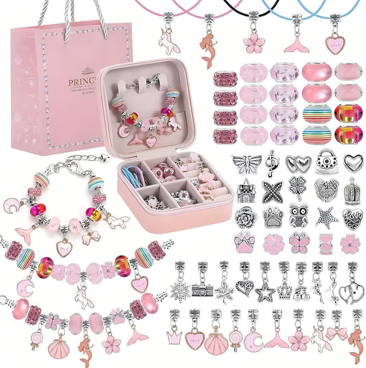 Charm Bracelet Making Kit – 68-Piece DIY Jewelry Set with Box (Pink) | Children's DIY Beading Bracelet Kit Creative Jewelry Set | Gift Box Birthday, Christmas, Eid, Present for Girls Aged 6-12 Handmade Craft