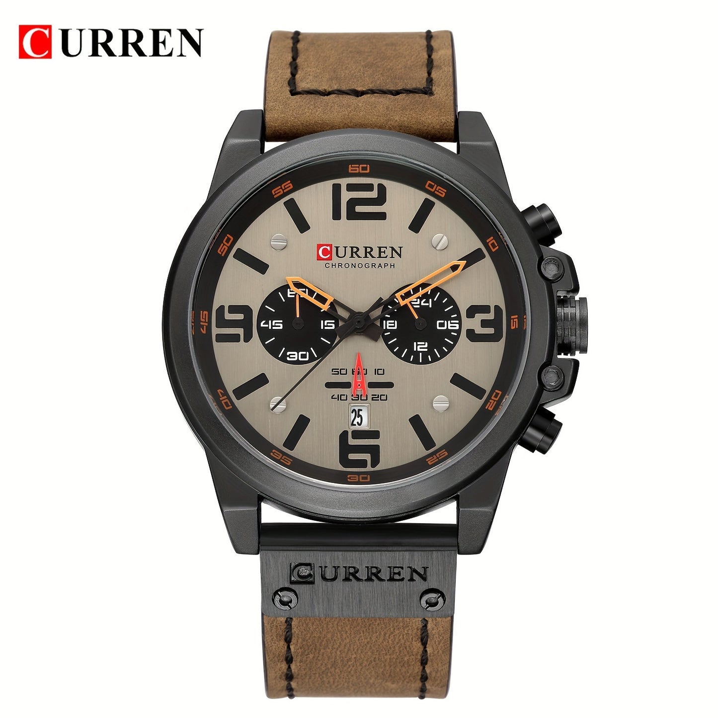 CURREN Men'S Sports with Multifunctional Timing, Waterproof Faux Leather Strap, Quartz Movement, Date Display, Chronograph Function, Stop, Dial, Brown Strap, Casual Style