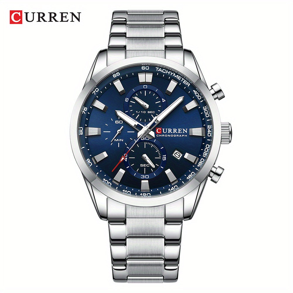CURREN Men'S Business with Stainless Steel Strap, Multi-Functional Chronograph, Luminescent Hands, Automatic Date, Quartz Movement, IPX8 Water Resistance, Sports Style, Regular Cleaning