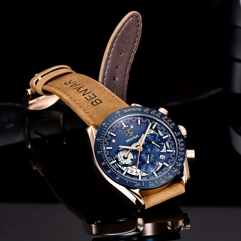 BENYAR Men'S Luxury Sports Watch - Elegant Quartz Movement, Round Blue Dial with Roman Numerals, Stainless Steel Band, Waterproof (30m), Perfect Father'S Day Gift