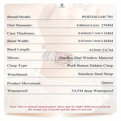 POEDAGAR Women’s Rectangular Quartz Stainless Steel Watch