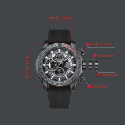 [Sporty Quartz Watch] Waterproof Sporty Men's Quartz Watch - Alloy Case, Calendar Feature, Silicone Strap