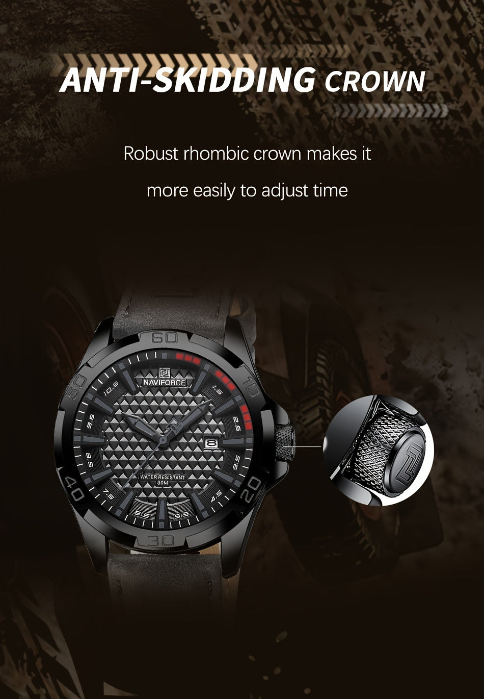 NAVIFORCE Men'S Quartz Watch NF8023, Casual Style, Round Alloy Case, Genuine Leather Strap, Carbon Fiber Dial, 3ATM Water Resistant, Battery Powered Electronic Movement