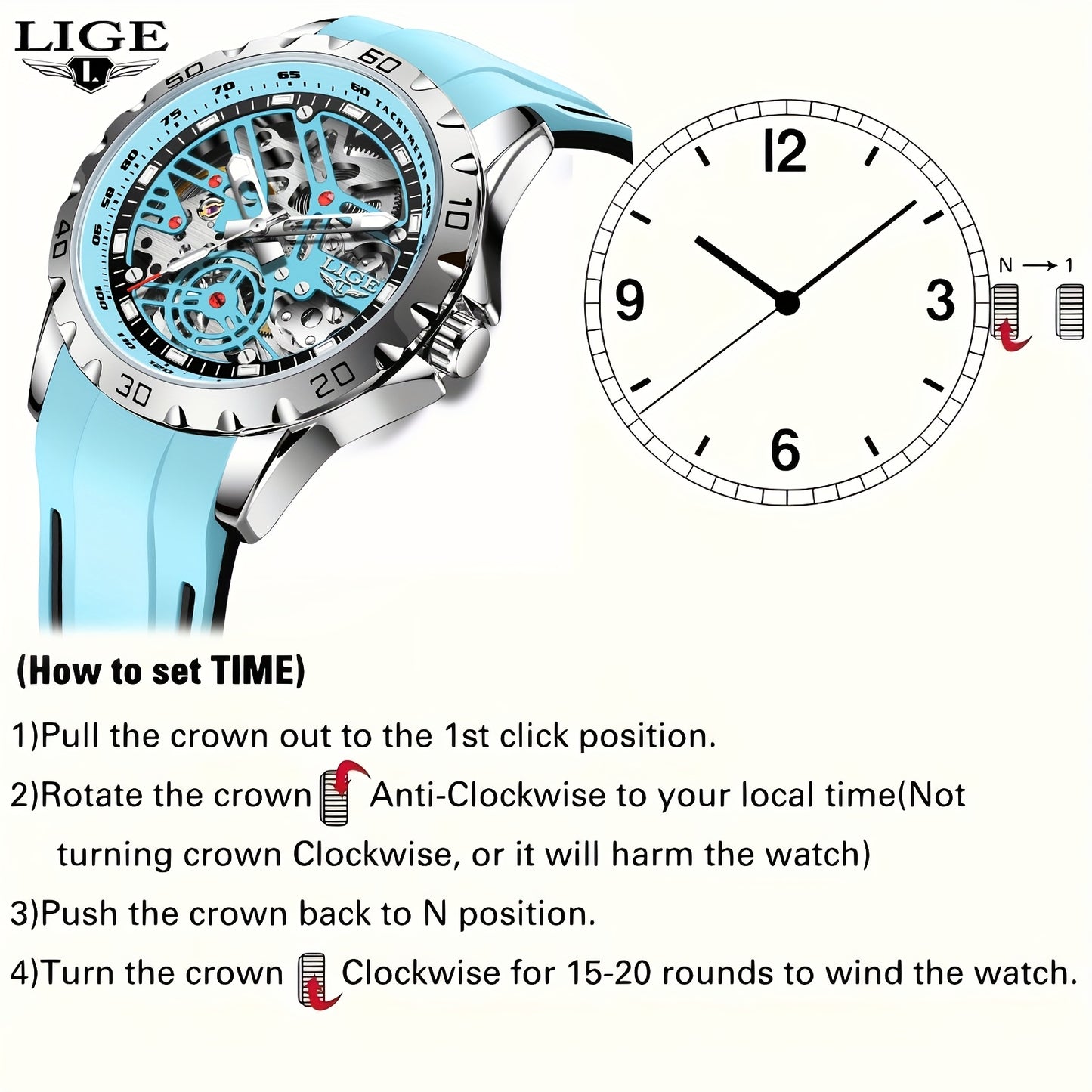 LIGE men&women&apos;s Automatic Mechanical Watch - Stylish Blue Silicone Strap, Alloy Case, Transparent Back, Black Rubber Grip, Valentine&apos;s Day Gift for Him, Suitable for Women&women