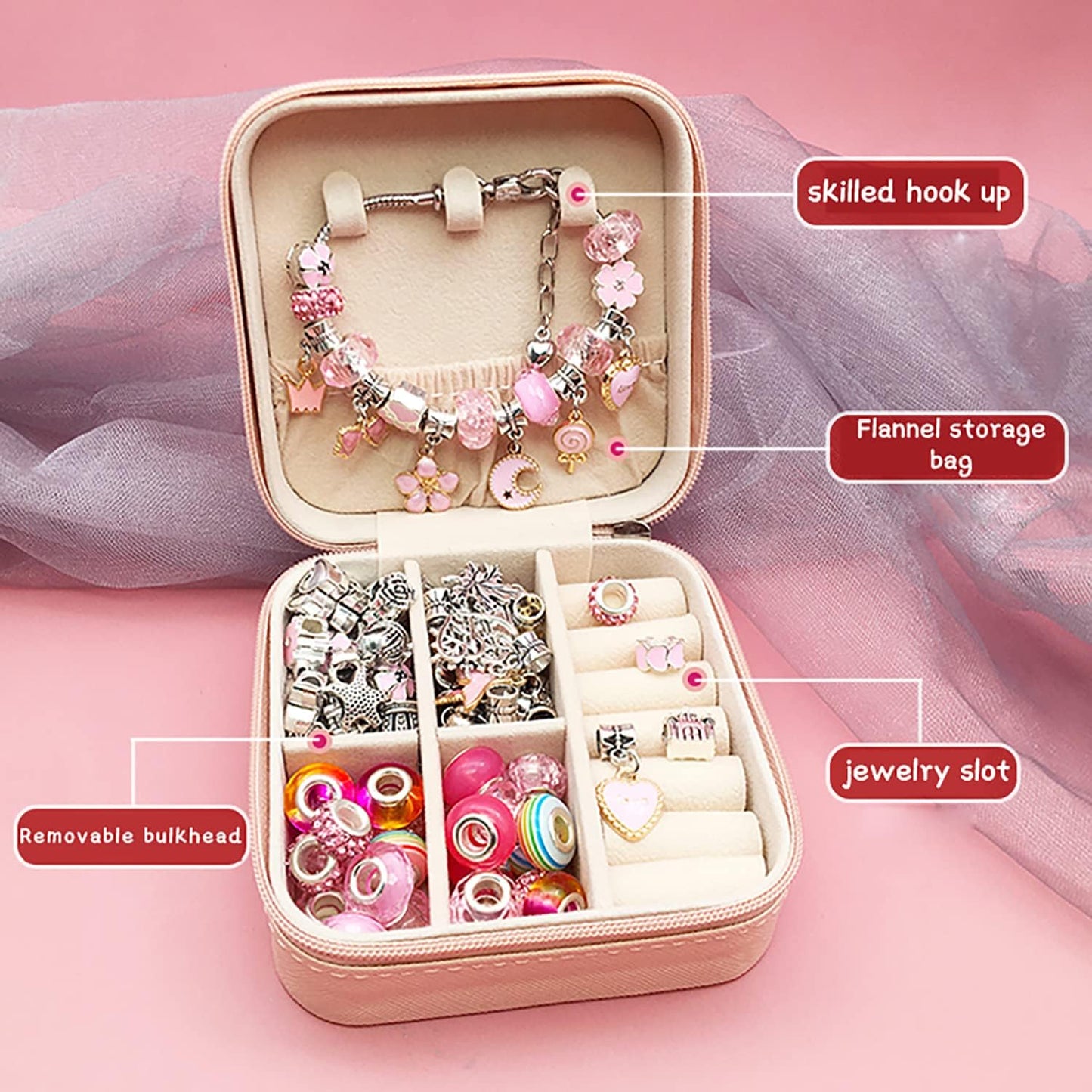 Charm Bracelet Making Kit – 68-Piece DIY Jewelry Set with Box (Pink) | Children's DIY Beading Bracelet Kit Creative Jewelry Set | Gift Box Birthday, Christmas, Eid, Present for Girls Aged 6-12 Handmade Craft