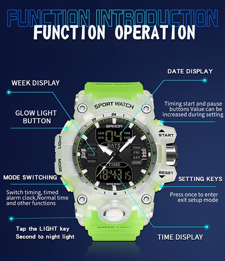 SANDA Sport Watch - Multi-Functional 24-Hour Digital Display, 50m Waterproof, Durable Synthetic Resin Case & Rubber Strap, Ideal for Outdoor Activities, Sports Watch, Active Lifestyle Accessory, Modern Watch Design, Highquali