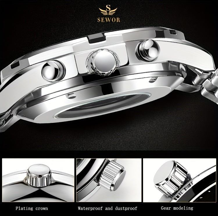 [Luxury Mechanical] Men's Luxury Automatic Mechanical Watch - Stainless Steel Band, Multi-Function with Sun, Moon, and Stars Display - Fashion Statement for Sophisticated Style