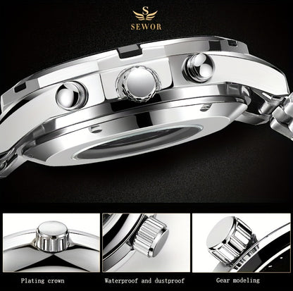 [Luxury Mechanical] Men's Luxury Automatic Mechanical Watch - Stainless Steel Band, Multi-Function with Sun, Moon, and Stars Display - Fashion Statement for Sophisticated Style