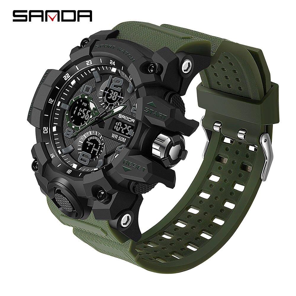 SANDA Men's Sports, Water-Resistant 50m, Dual Display Quartz Movement, Round PC Case, Faux Leather Strap, Luminous Hands, Battery Powered Electronic Wristwatch
