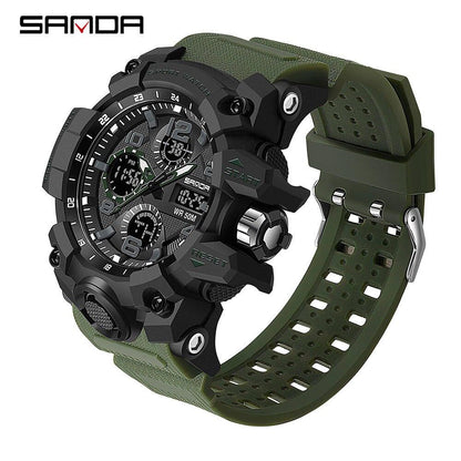 SANDA Men's Sports, Water-Resistant 50m, Dual Display Quartz Movement, Round PC Case, Faux Leather Strap, Luminous Hands, Battery Powered Electronic Wristwatch