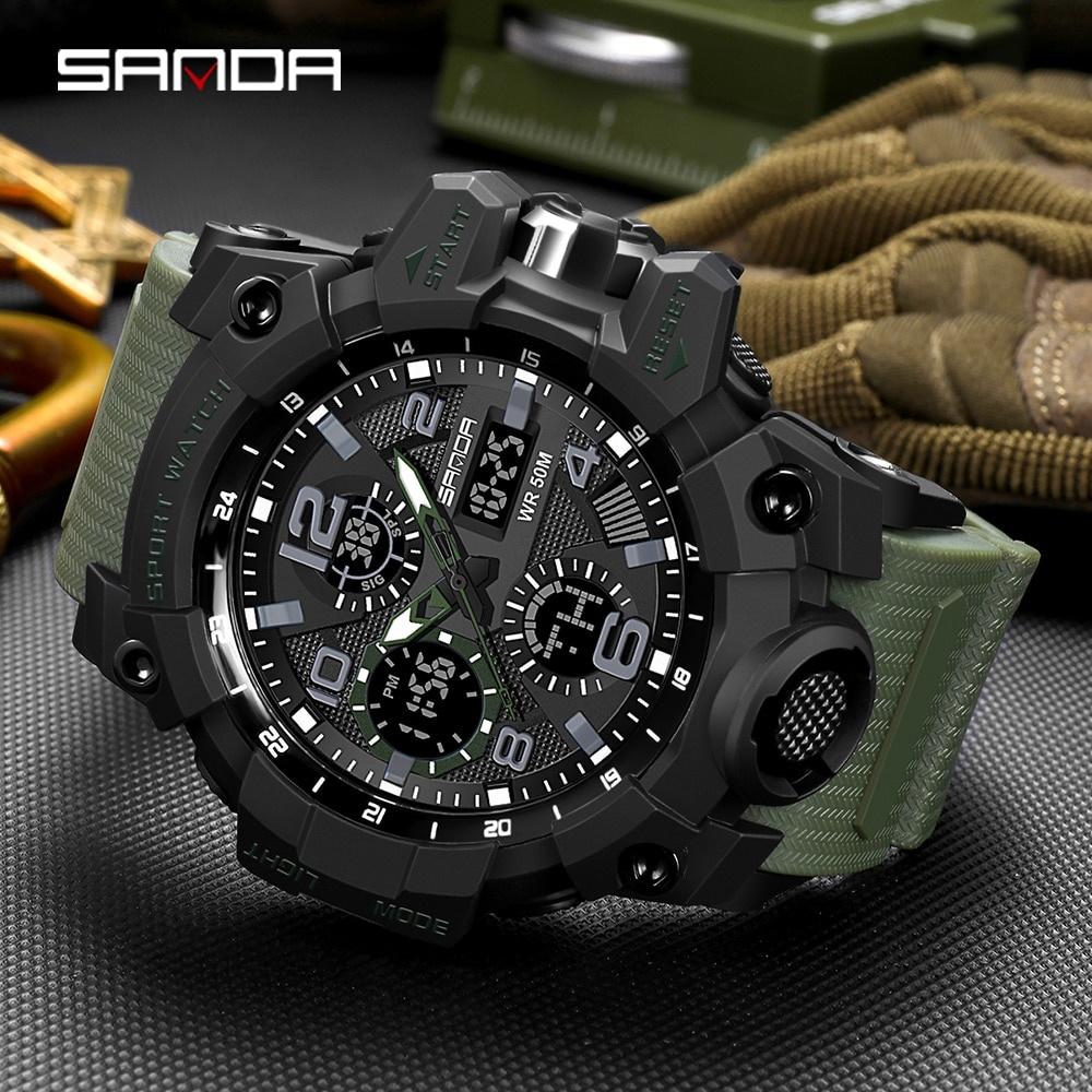 SANDA Men's Sports, Water-Resistant 50m, Dual Display Quartz Movement, Round PC Case, Faux Leather Strap, Luminous Hands, Battery Powered Electronic Wristwatch