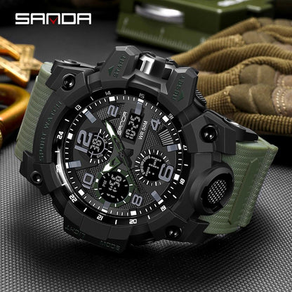 SANDA Men's Sports, Water-Resistant 50m, Dual Display Quartz Movement, Round PC Case, Faux Leather Strap, Luminous Hands, Battery Powered Electronic Wristwatch