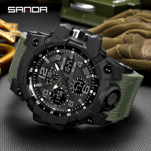SANDA Men's Sports, Water-Resistant 50m, Dual Display Quartz Movement, Round PC Case, Faux Leather Strap, Luminous Hands, Battery Powered Electronic Wristwatch