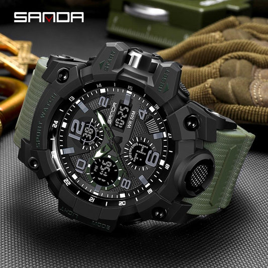 SANDA Men's Sports, Water-Resistant 50m, Dual Display Quartz Movement, Round PC Case, Faux Leather Strap, Luminous Hands, Battery Powered Electronic Wristwatch