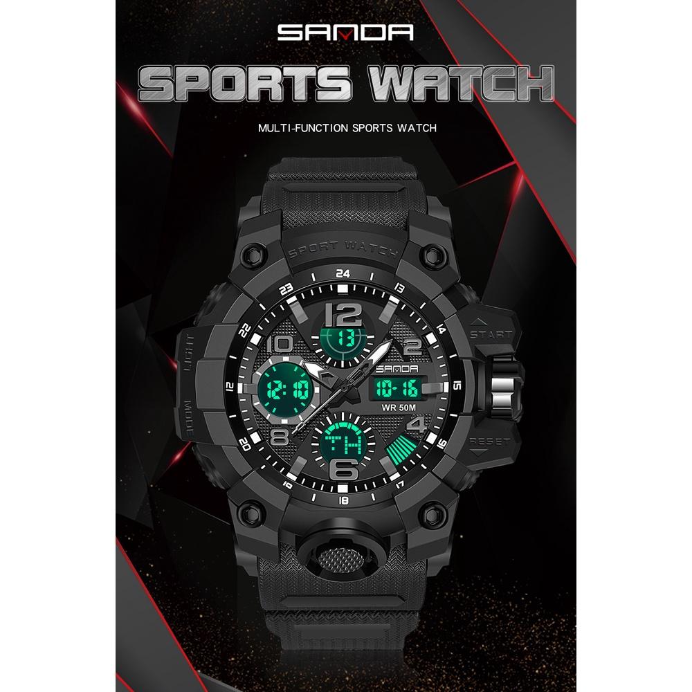 SANDA Men's Sports, Water-Resistant 50m, Dual Display Quartz Movement, Round PC Case, Faux Leather Strap, Luminous Hands, Battery Powered Electronic Wristwatch