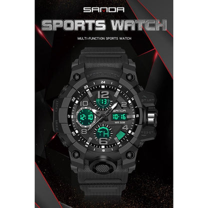 SANDA Men's Sports, Water-Resistant 50m, Dual Display Quartz Movement, Round PC Case, Faux Leather Strap, Luminous Hands, Battery Powered Electronic Wristwatch