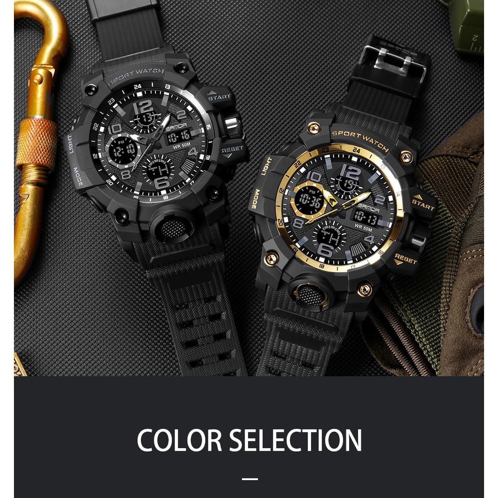 SANDA Men's Sports, Water-Resistant 50m, Dual Display Quartz Movement, Round PC Case, Faux Leather Strap, Luminous Hands, Battery Powered Electronic Wristwatch