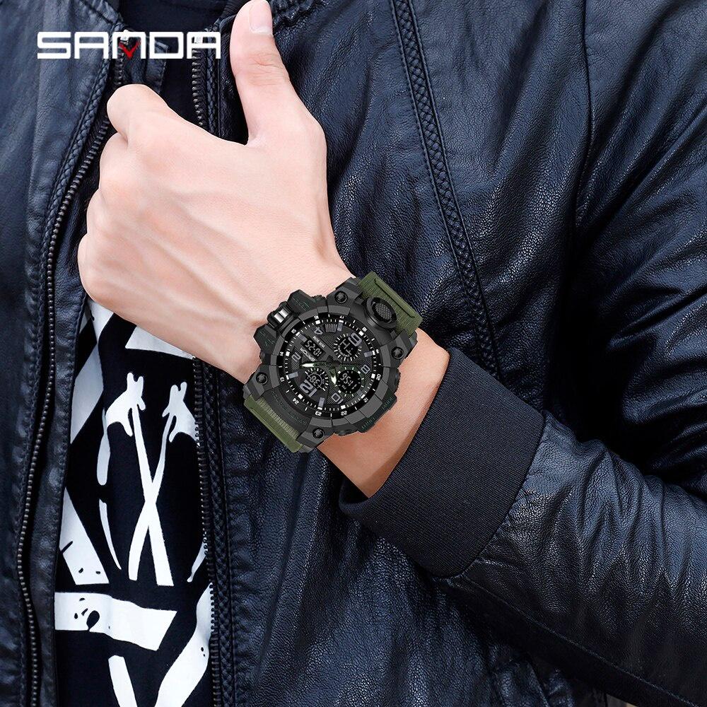 SANDA Men's Sports, Water-Resistant 50m, Dual Display Quartz Movement, Round PC Case, Faux Leather Strap, Luminous Hands, Battery Powered Electronic Wristwatch