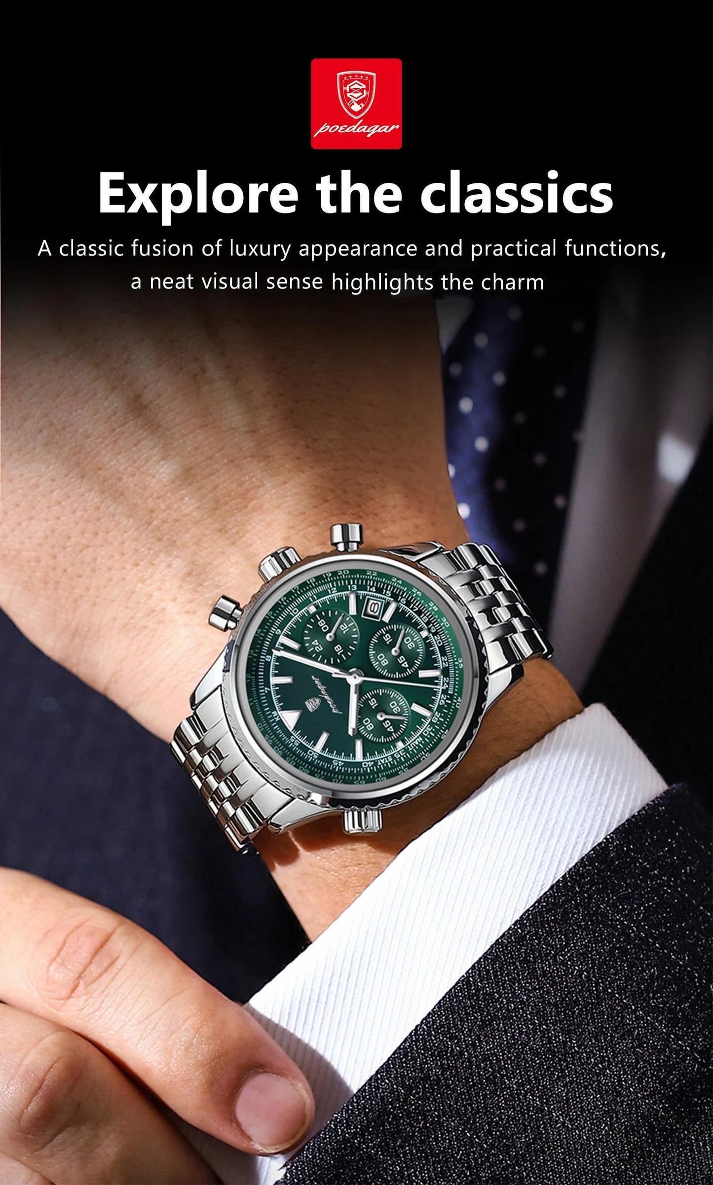 POEDAGAR Luxury 's Quartz Watch, Luminous Chronograph with Date Function, Stainless Steel Band & Zinc Alloy Case