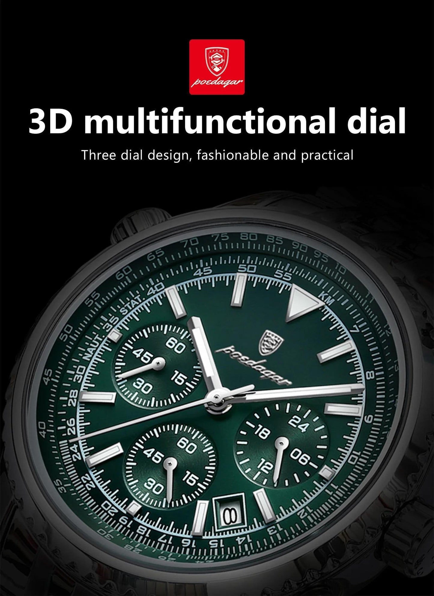 POEDAGAR Luxury 's Quartz Watch, Luminous Chronograph with Date Function, Stainless Steel Band & Zinc Alloy Case