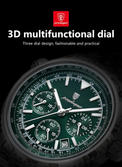 POEDAGAR Luxury 's Quartz Watch, Luminous Chronograph with Date Function, Stainless Steel Band & Zinc Alloy Case