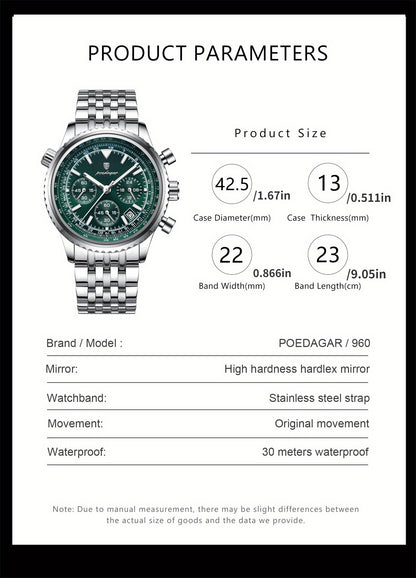 POEDAGAR Luxury 's Quartz Watch, Luminous Chronograph with Date Function, Stainless Steel Band & Zinc Alloy Case