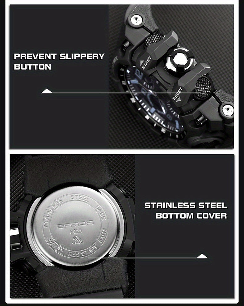 SANDA Men's Sports, Water-Resistant 50m, Dual Display Quartz Movement, Round PC Case, Faux Leather Strap, Luminous Hands, Battery Powered Electronic Wristwatch