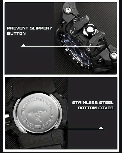 SANDA Men's Sports, Water-Resistant 50m, Dual Display Quartz Movement, Round PC Case, Faux Leather Strap, Luminous Hands, Battery Powered Electronic Wristwatch