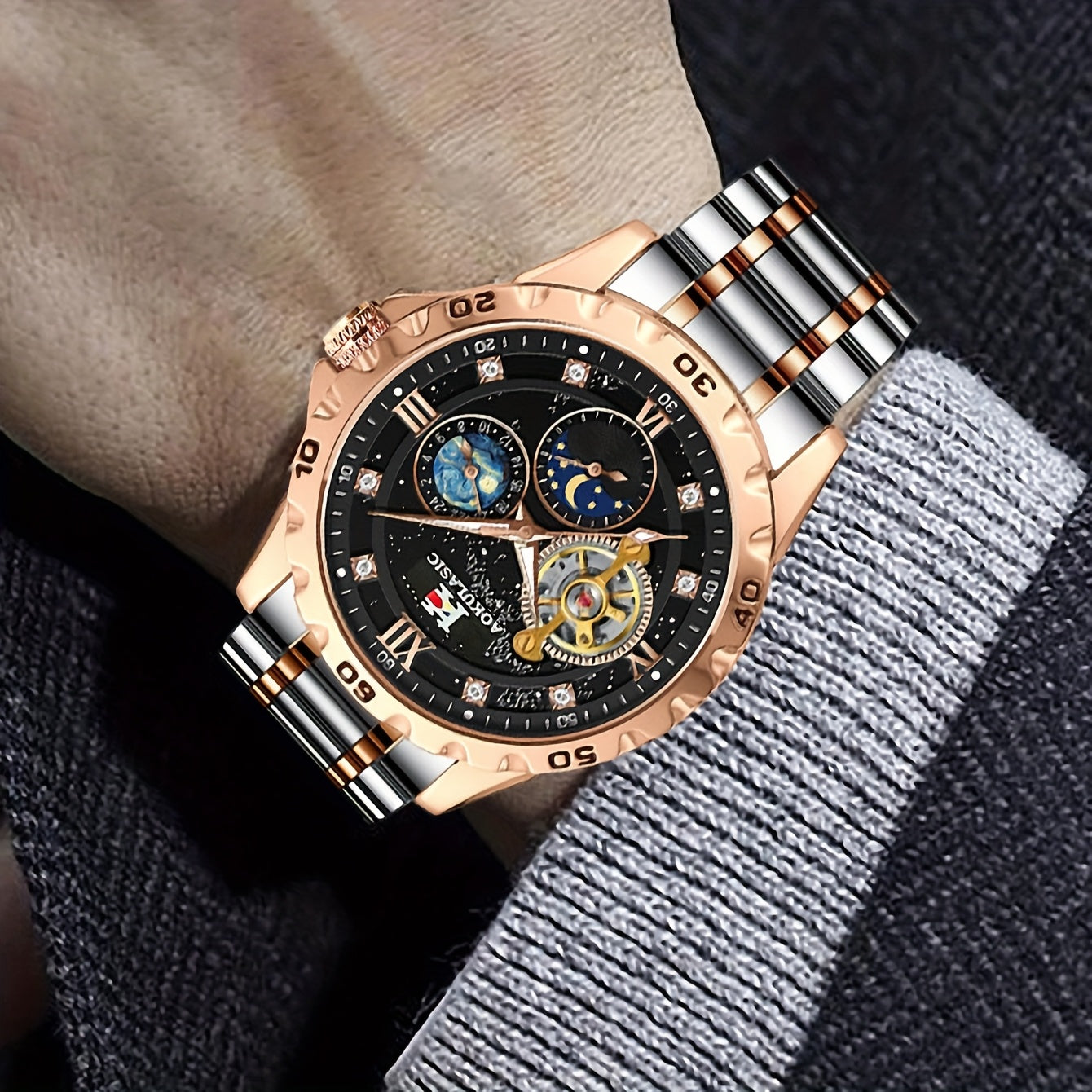 1pc AOKULASIC Men Fashion Tourbillon Skeleton Automatic Mechanical Watch Rose Golden Case Iced Out Starry Sky Luminous Dial Top Brand Strap Business Casual Mens Watches Christmas New Year Thanksgiving Day Festival Birthday Gi