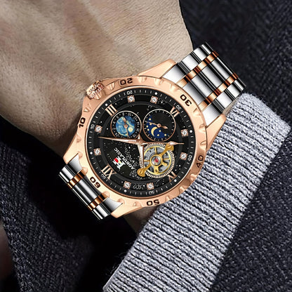 1pc AOKULASIC Men Fashion Tourbillon Skeleton Automatic Mechanical Watch Rose Golden Case Iced Out Starry Sky Luminous Dial Top Brand Strap Business Casual Mens Watches Christmas New Year Thanksgiving Day Festival Birthday Gi