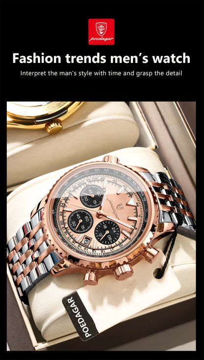 POEDAGAR Luxury 's Quartz Watch, Luminous Chronograph with Date Function, Stainless Steel Band & Zinc Alloy Case