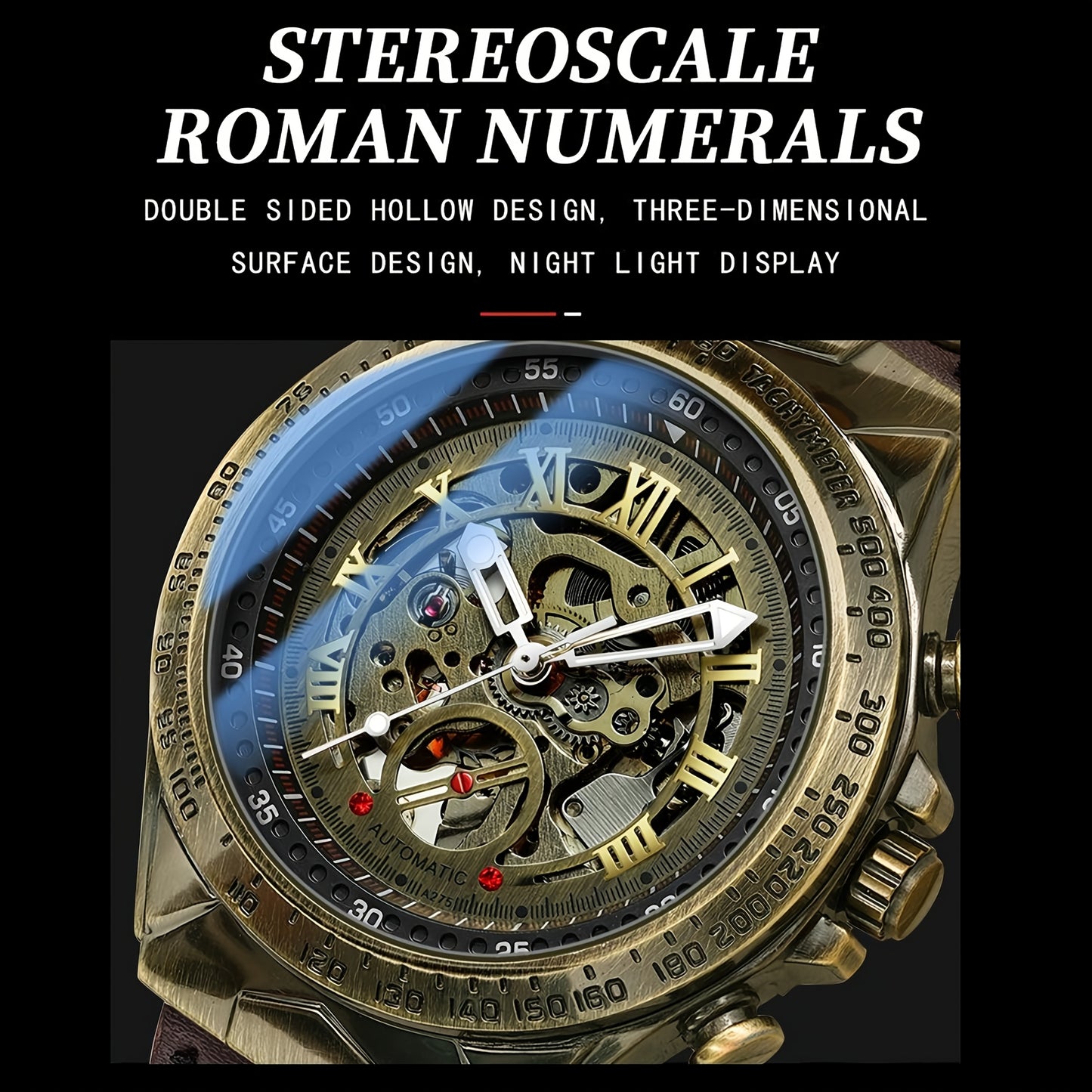 Men's wristwatch, automatic mechanical watch, double-sided skeletonized design, luminous hands, mineral glass mirror surface, fashionable and retro business watch, brown leather strap, casual Men's formal wear accessory, suit