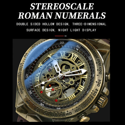 Men's wristwatch, automatic mechanical watch, double-sided skeletonized design, luminous hands, mineral glass mirror surface, fashionable and retro business watch, brown leather strap, casual Men's formal wear accessory, suit