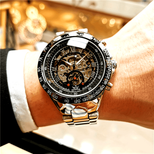 [Luxury Mechanical] Men's Luxury Automatic Mechanical Watch - Stainless Steel Band, Multi-Function with Sun, Moon, and Stars Display - Fashion Statement for Sophisticated Style