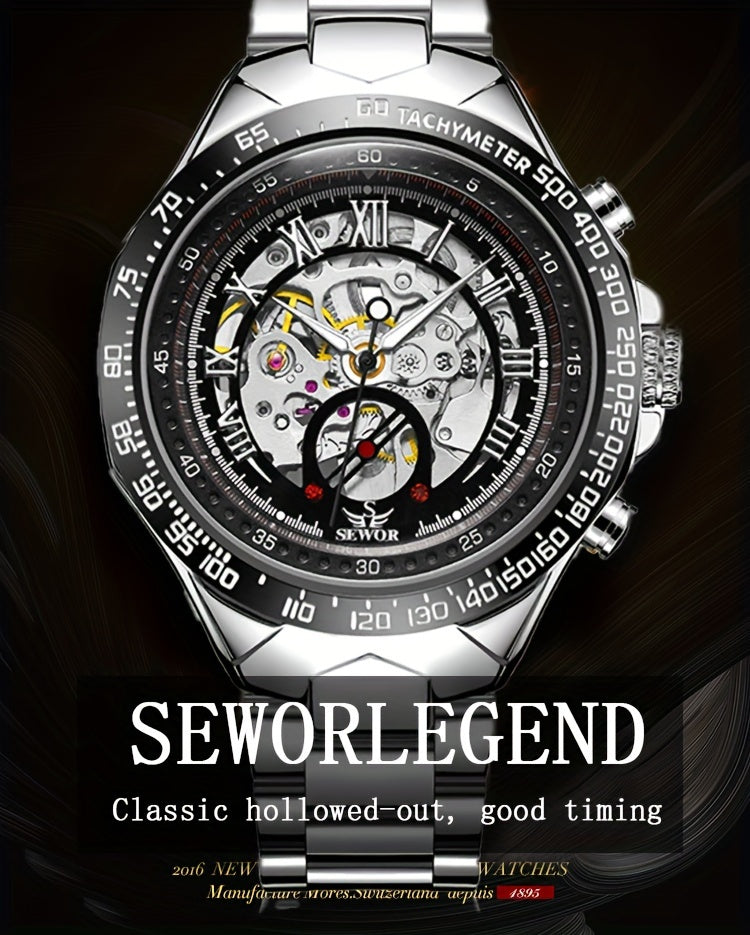 [Luxury Mechanical] Men's Luxury Automatic Mechanical Watch - Stainless Steel Band, Multi-Function with Sun, Moon, and Stars Display - Fashion Statement for Sophisticated Style