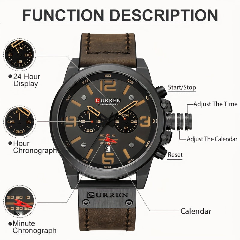 CURREN Men'S Sports with Multifunctional Timing, Waterproof Faux Leather Strap, Quartz Movement, Date Display, Chronograph Function, Stop, Dial, Brown Strap, Casual Style