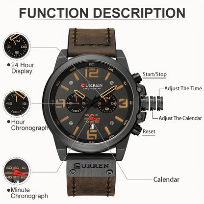 CURREN Men'S Sports with Multifunctional Timing, Waterproof Faux Leather Strap, Quartz Movement, Date Display, Chronograph Function, Stop, Dial, Brown Strap, Casual Style