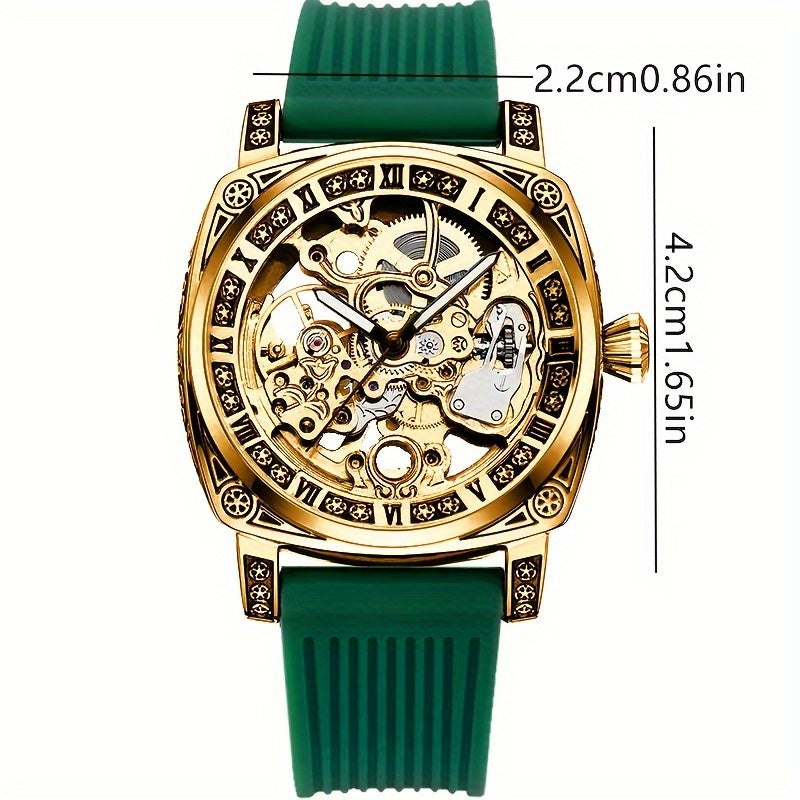 Men'S Vintage Mechanical - Luxury Square Automatic Wrist with Golden-Tone Dial, Green Strap, Self-Winding Movement, High-Quality Alloy Case, Without Battery, Elegant Timepiece, Sophisticated Style