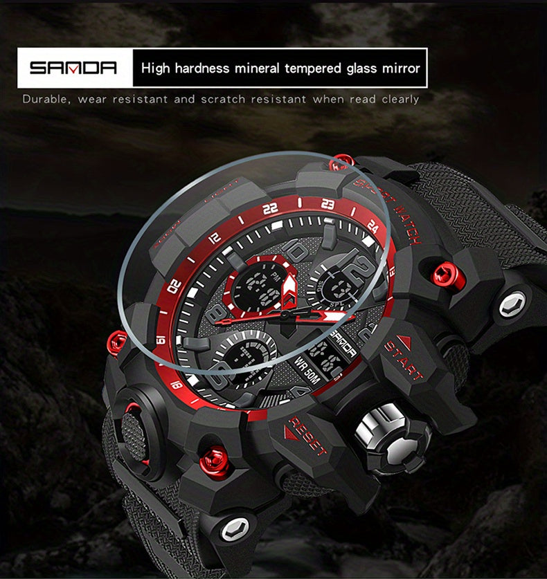 SANDA Men's Sports, Water-Resistant 50m, Dual Display Quartz Movement, Round PC Case, Faux Leather Strap, Luminous Hands, Battery Powered Electronic Wristwatch