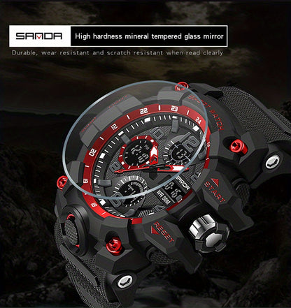SANDA Men's Sports, Water-Resistant 50m, Dual Display Quartz Movement, Round PC Case, Faux Leather Strap, Luminous Hands, Battery Powered Electronic Wristwatch