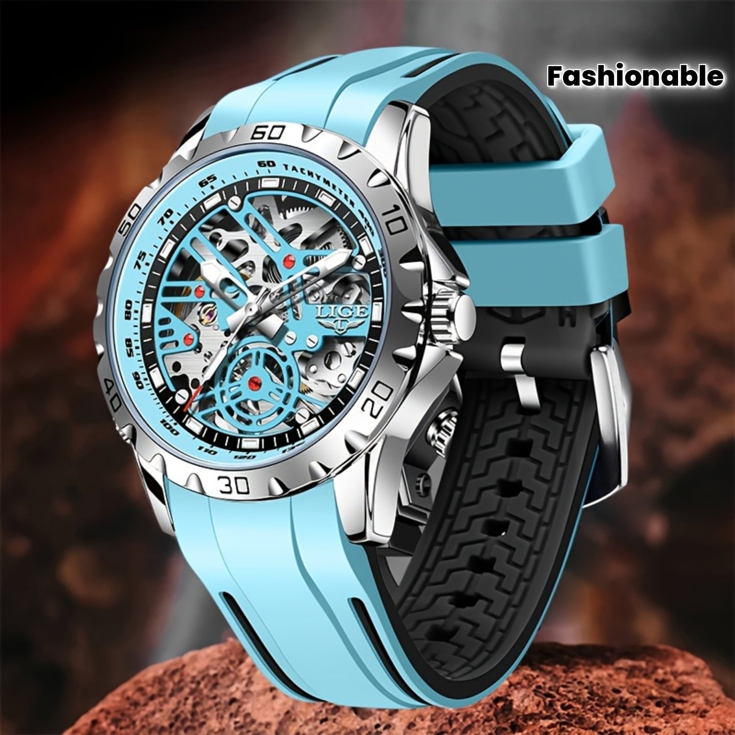 LIGE men&women&apos;s Automatic Mechanical Watch - Stylish Blue Silicone Strap, Alloy Case, Transparent Back, Black Rubber Grip, Valentine&apos;s Day Gift for Him, Suitable for Women&women