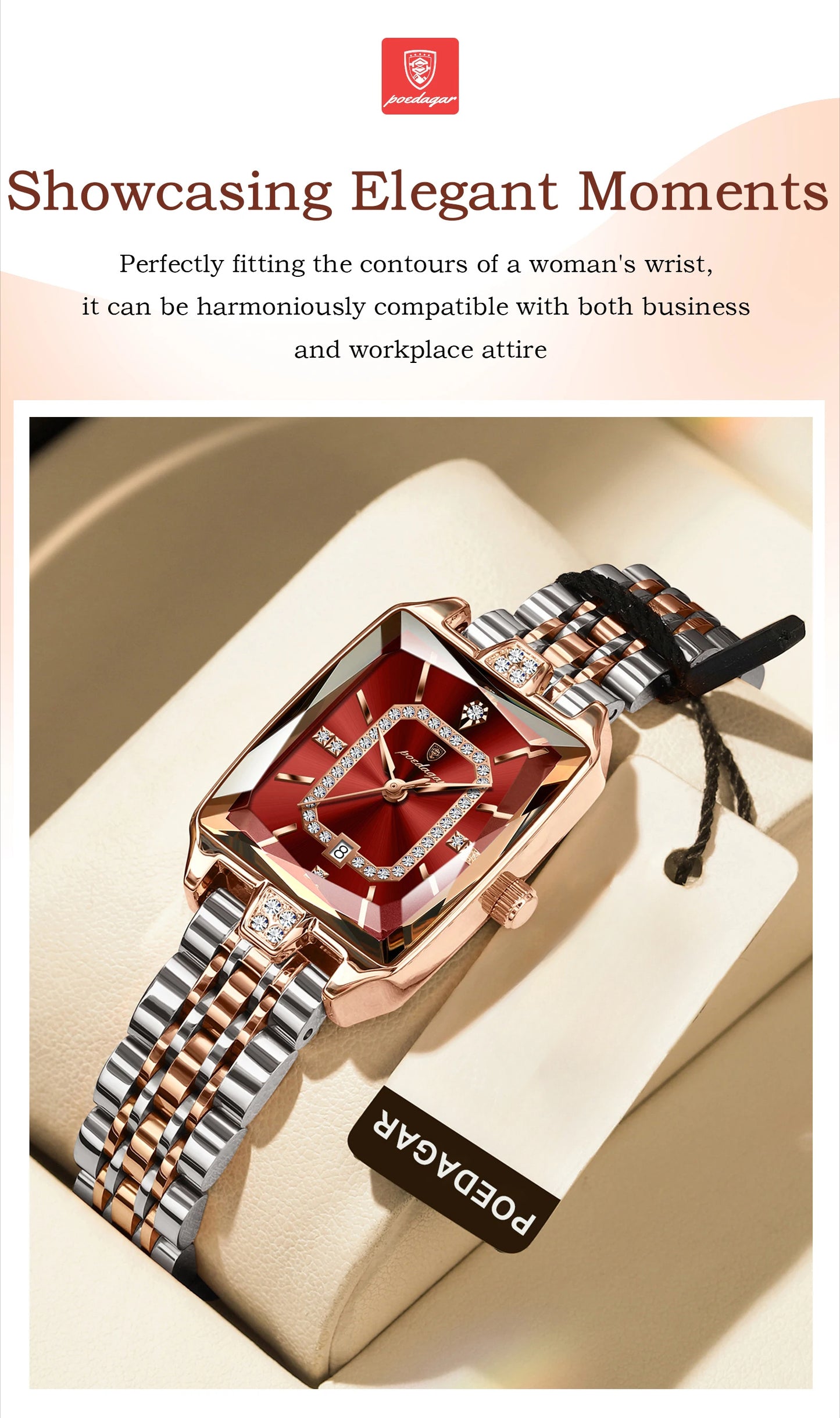 POEDAGAR Women’s Rectangular Quartz Stainless Steel Watch