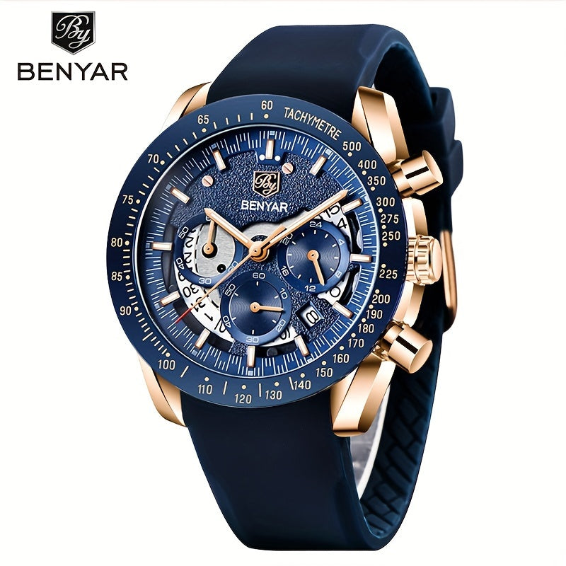 BENYAR Men'S Luxury Sports Watch - Elegant Quartz Movement, Round Blue Dial with Roman Numerals, Stainless Steel Band, Waterproof (30m), Perfect Father'S Day Gift