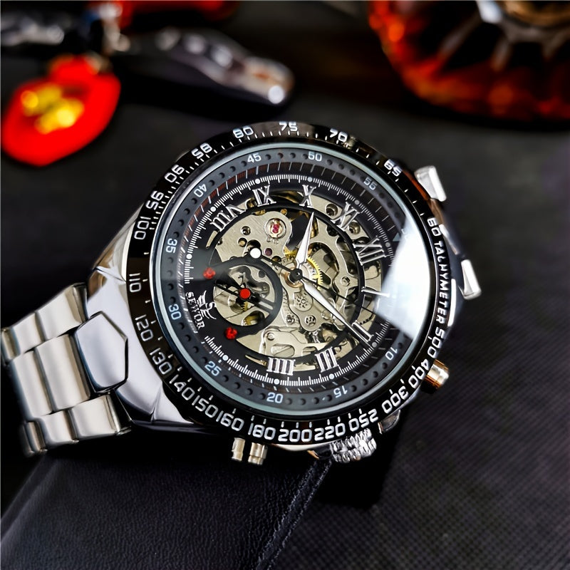 [Luxury Mechanical] Men's Luxury Automatic Mechanical Watch - Stainless Steel Band, Multi-Function with Sun, Moon, and Stars Display - Fashion Statement for Sophisticated Style