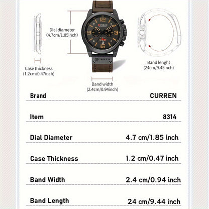 CURREN Men'S Sports with Multifunctional Timing, Waterproof Faux Leather Strap, Quartz Movement, Date Display, Chronograph Function, Stop, Dial, Brown Strap, Casual Style