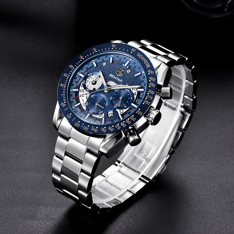 BENYAR Men'S Luxury Sports Watch - Elegant Quartz Movement, Round Blue Dial with Roman Numerals, Stainless Steel Band, Waterproof (30m), Perfect Father'S Day Gift