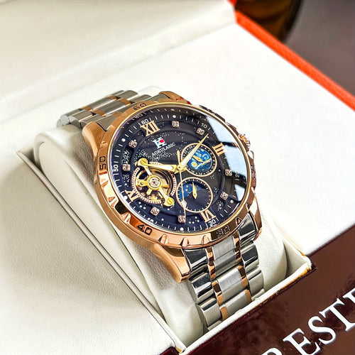 1pc AOKULASIC Men Fashion Tourbillon Skeleton Automatic Mechanical Watch Rose Golden Case Iced Out Starry Sky Luminous Dial Top Brand Strap Business Casual Mens Watches Christmas New Year Thanksgiving Day Festival Birthday Gi