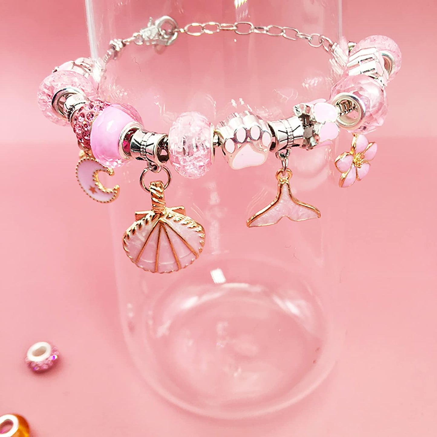 Charm Bracelet Making Kit – 68-Piece DIY Jewelry Set with Box (Pink) | Children's DIY Beading Bracelet Kit Creative Jewelry Set | Gift Box Birthday, Christmas, Eid, Present for Girls Aged 6-12 Handmade Craft